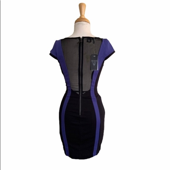 Guess Black w/ Purple Contoured Bands Cap Sleeve Mesh Panel Back Zipper Back 8 - Picture 4 of 8